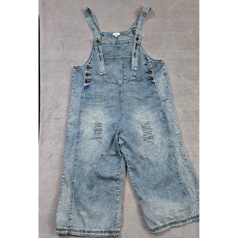 Easel Distressed Denim Overalls Women Large Acid Wash Wide Leg Boho Garden
